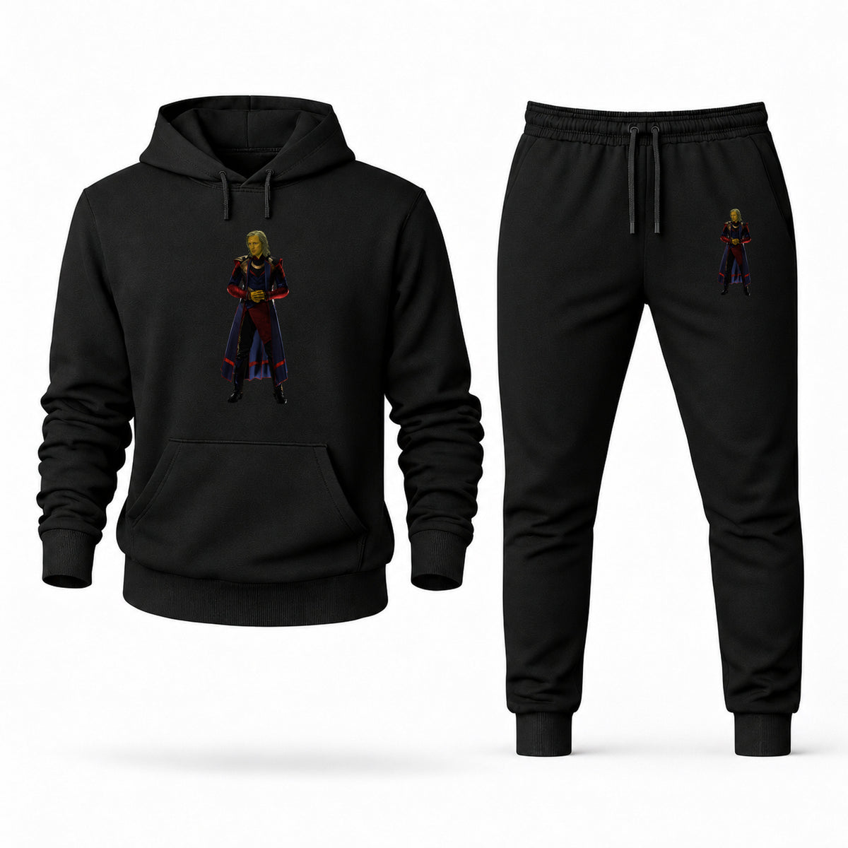 Men's Adam Warlock Hoodie Joggers Set in Black; digital artwork placement mockup