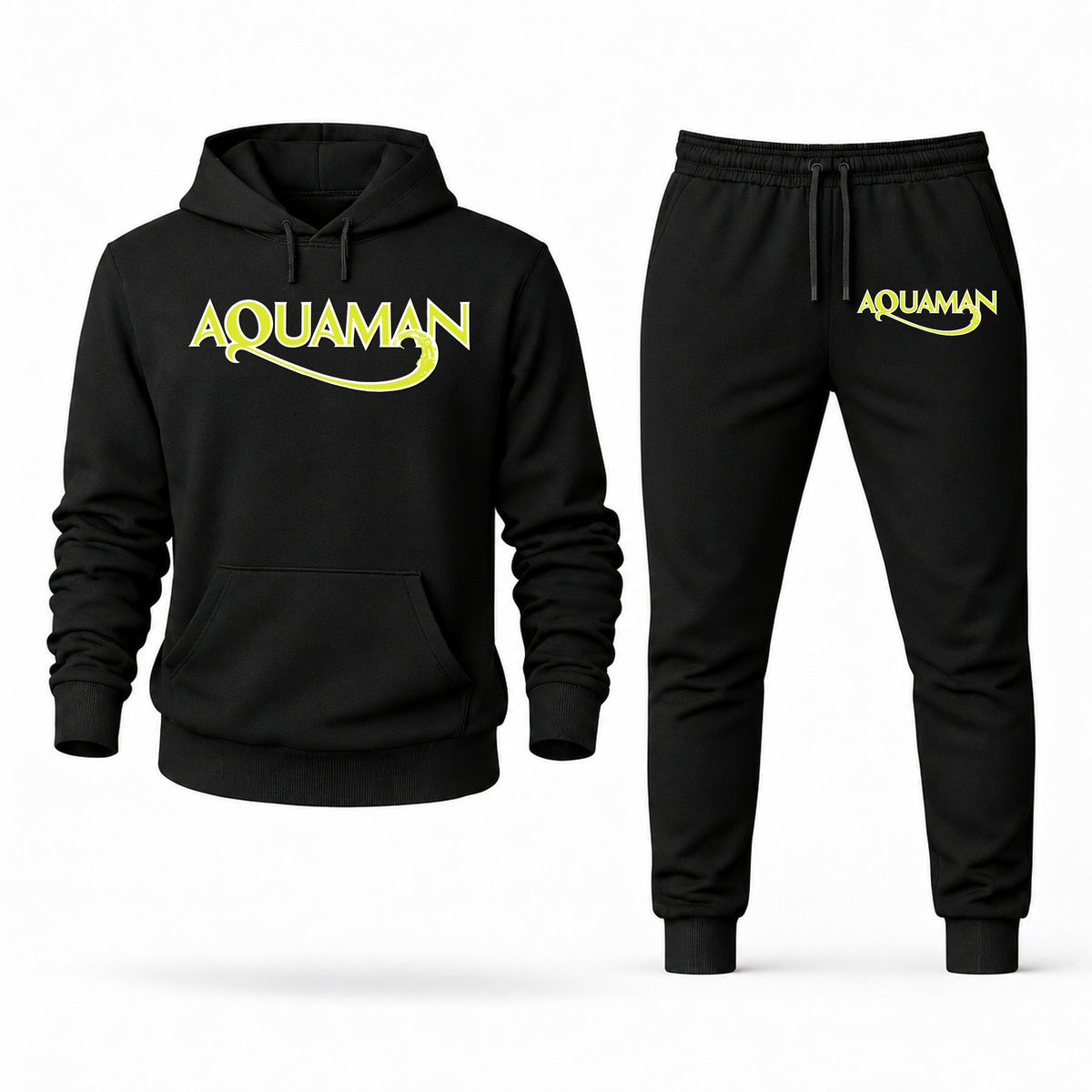 Men's Aquaman Hoodie Joggers Set in Black; digital artwork placement mockup