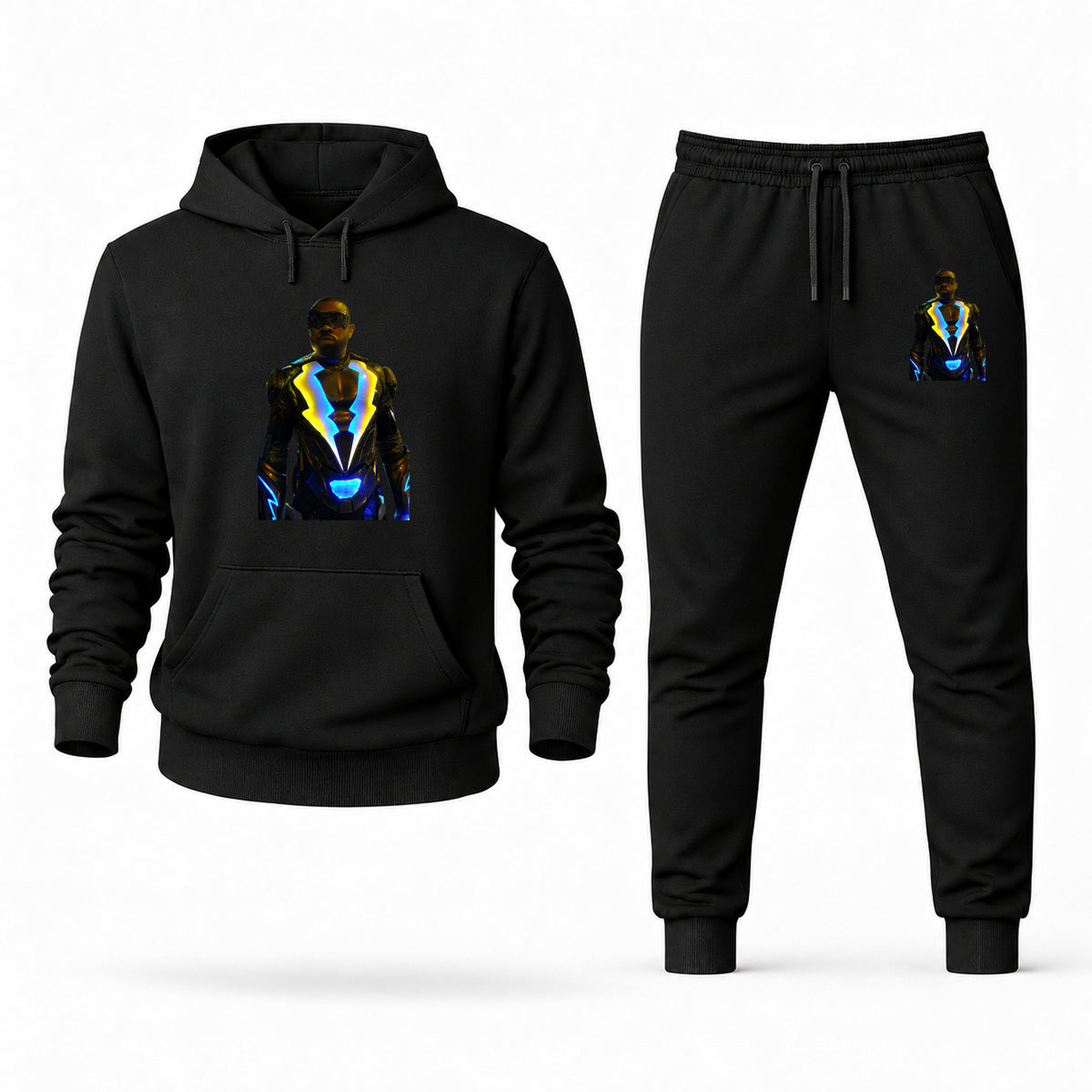 Men's Black Lightning Hoodie Joggers Set in Black; digital artwork placement mockup