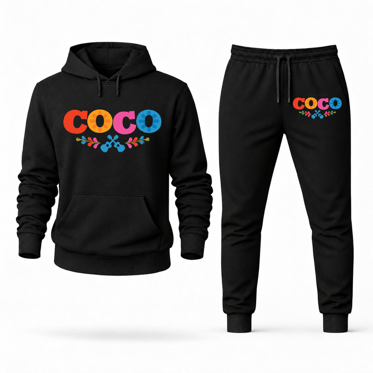 Men's Coco Hoodie Joggers Set - Black digital placement mockup