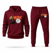 Men's Hellboy Hoodie Joggers Set - Burgundy digital placement mockup