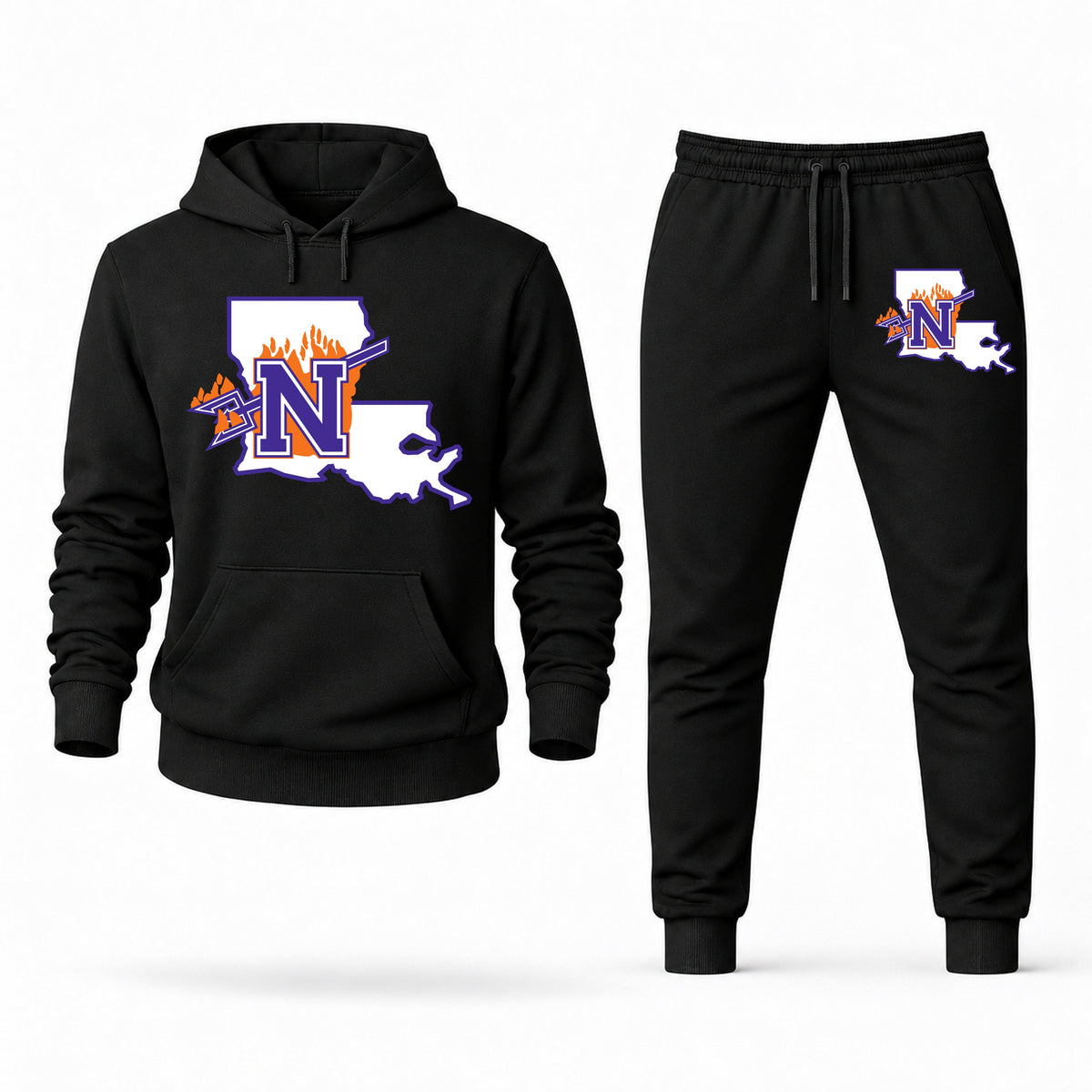 Men's Northwestern State Hoodie Joggers Set - Black digital placement mockup