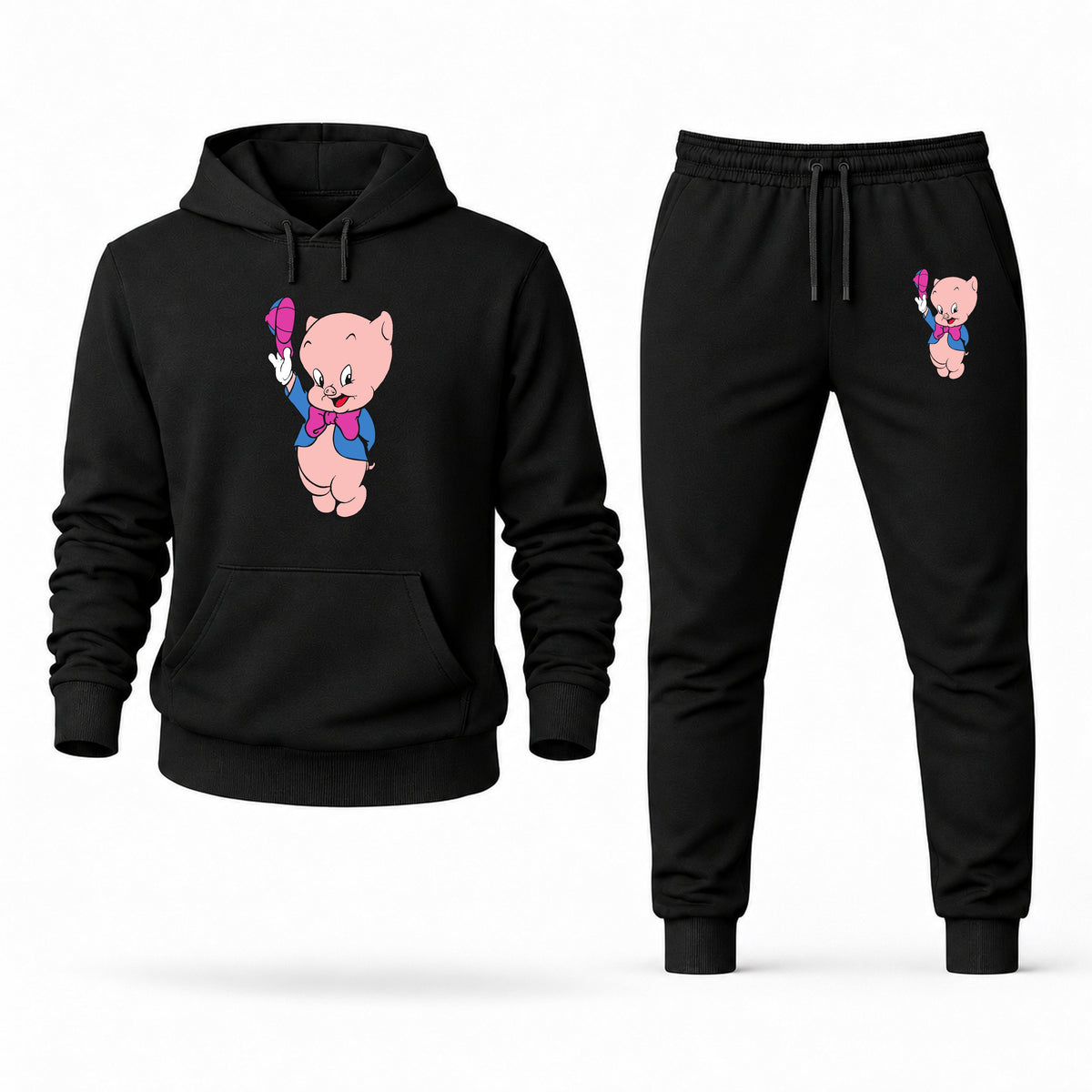 Men's Porky Pig Hoodie Joggers Set - Black digital placement mockup