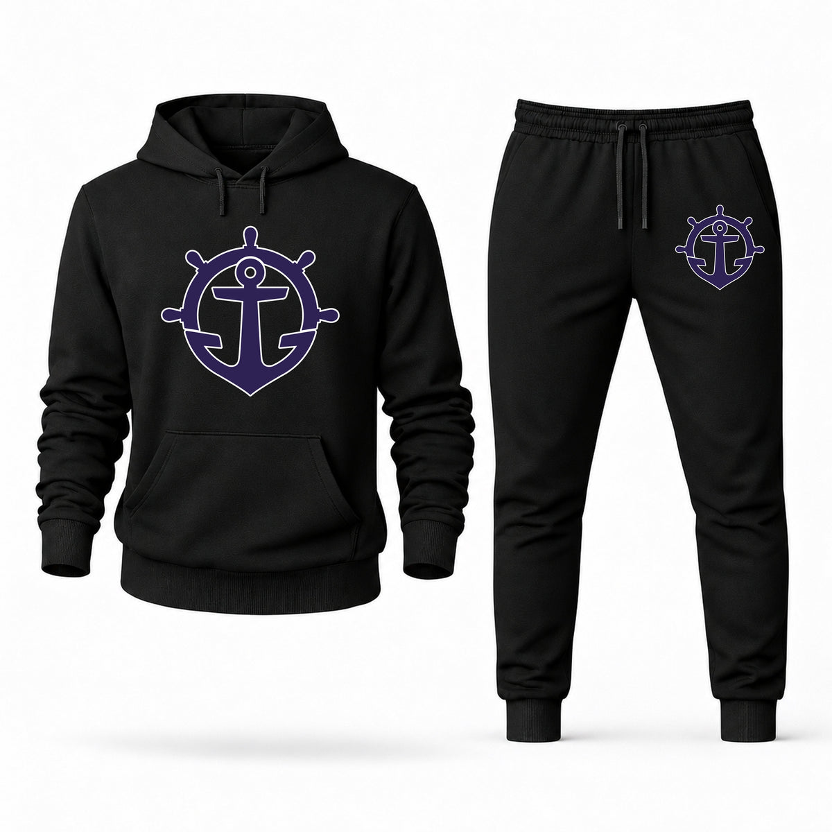 Men's Portland Hoodie Joggers Set in Black; digital artwork placement mockup