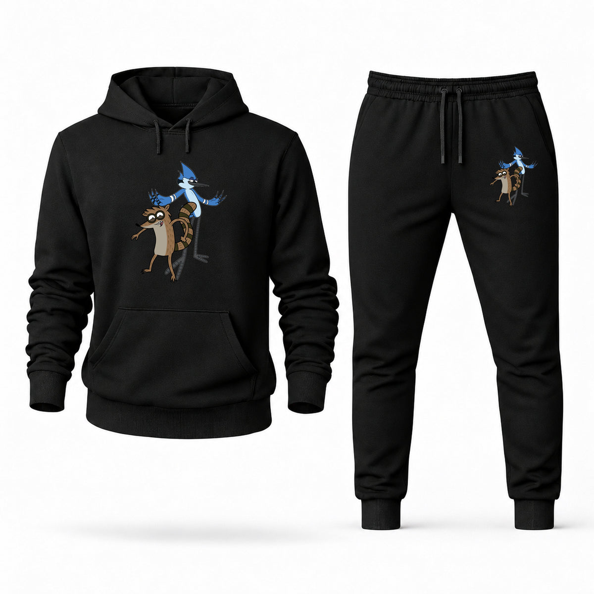Men's Regular Show Hoodie Joggers Set - Black digital placement mockup