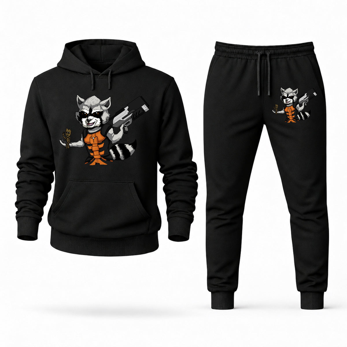 Men's Rocket Raccoon Hoodie Joggers Set - Black digital placement mockup