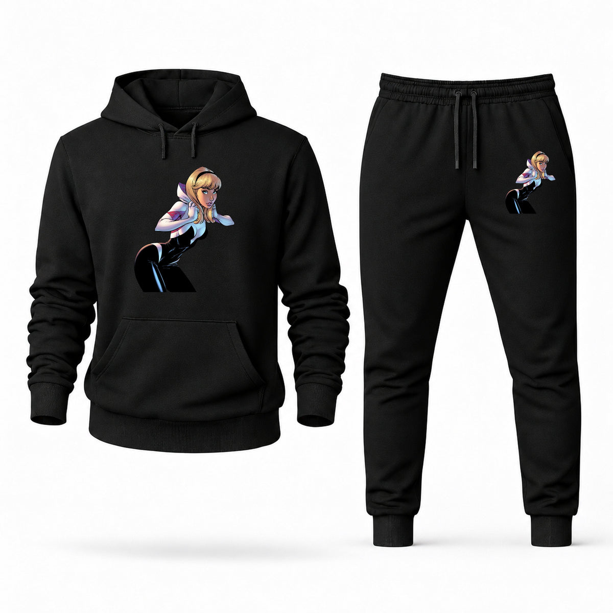 Men's Spider-Gwen Hoodie Joggers Set - Black digital placement mockup