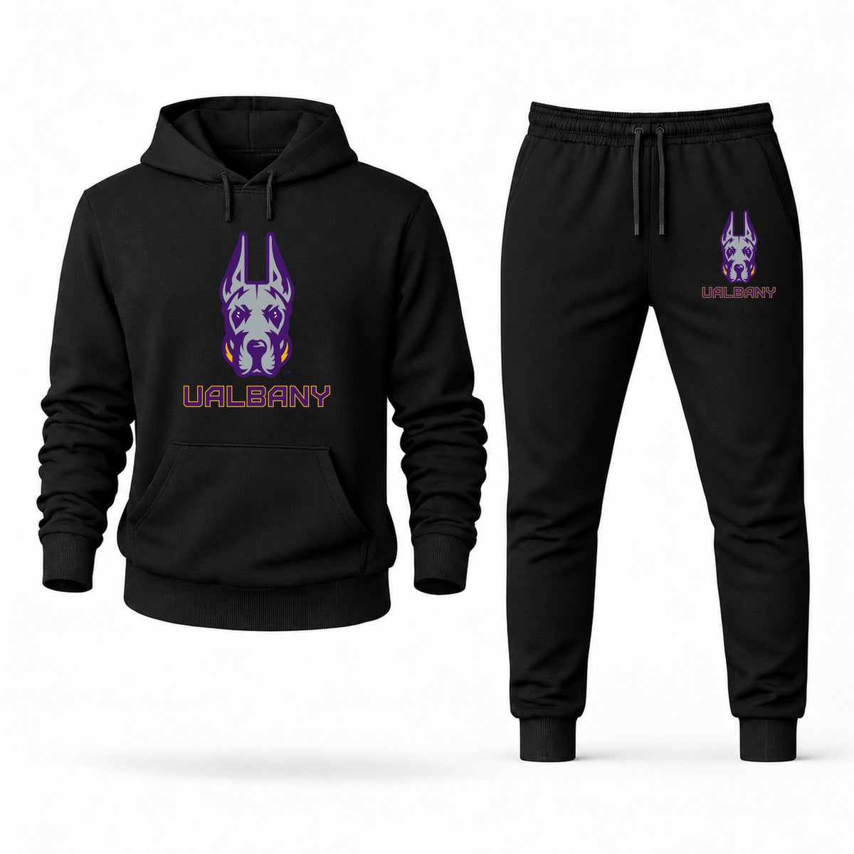 Men's UAlbany Hoodie Joggers Set - Black digital placement mockup
