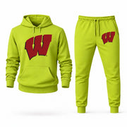 Men's Wisconsin Hoodie Joggers Set - Lime Green digital placement mockup