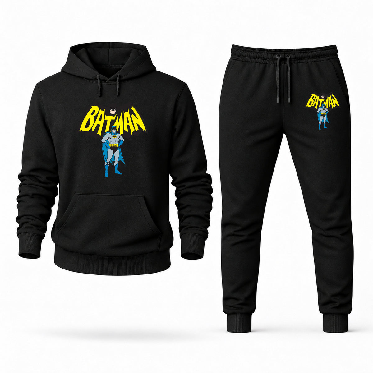 Men's Batman Hoodie Joggers Set in Black; digital artwork placement mockup