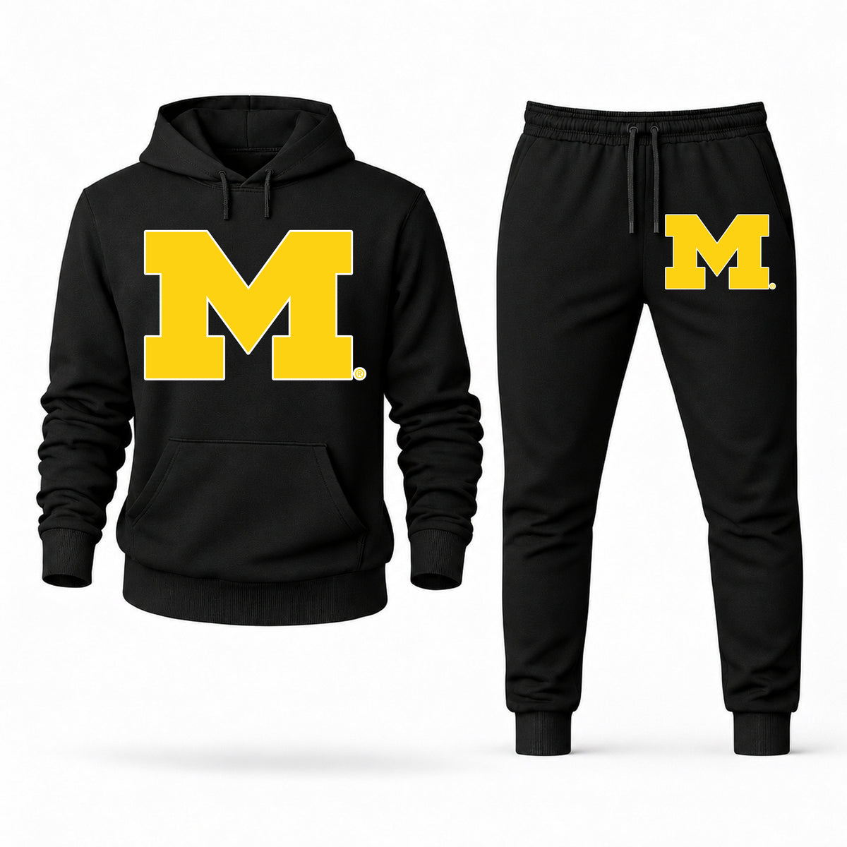 Men's Michigan Hoodie Joggers Set in Black; digital artwork placement mockup