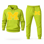 Men's Michigan Hoodie Joggers Set in Lime Green; digital artwork placement mockup
